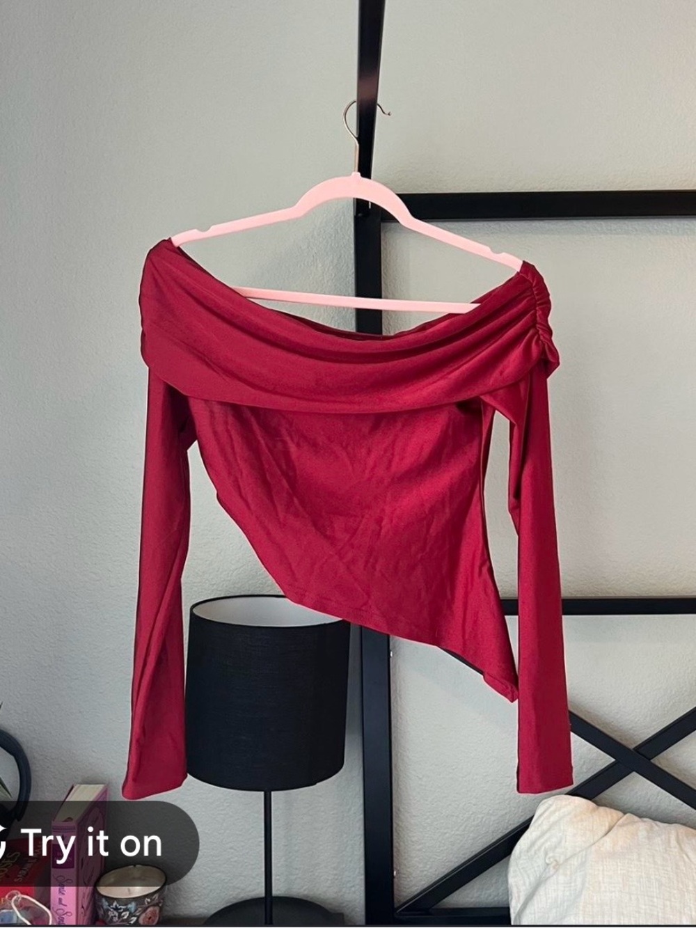 Edikted Off-Shoulder Asymmetric Crop Top in Burgundy Red